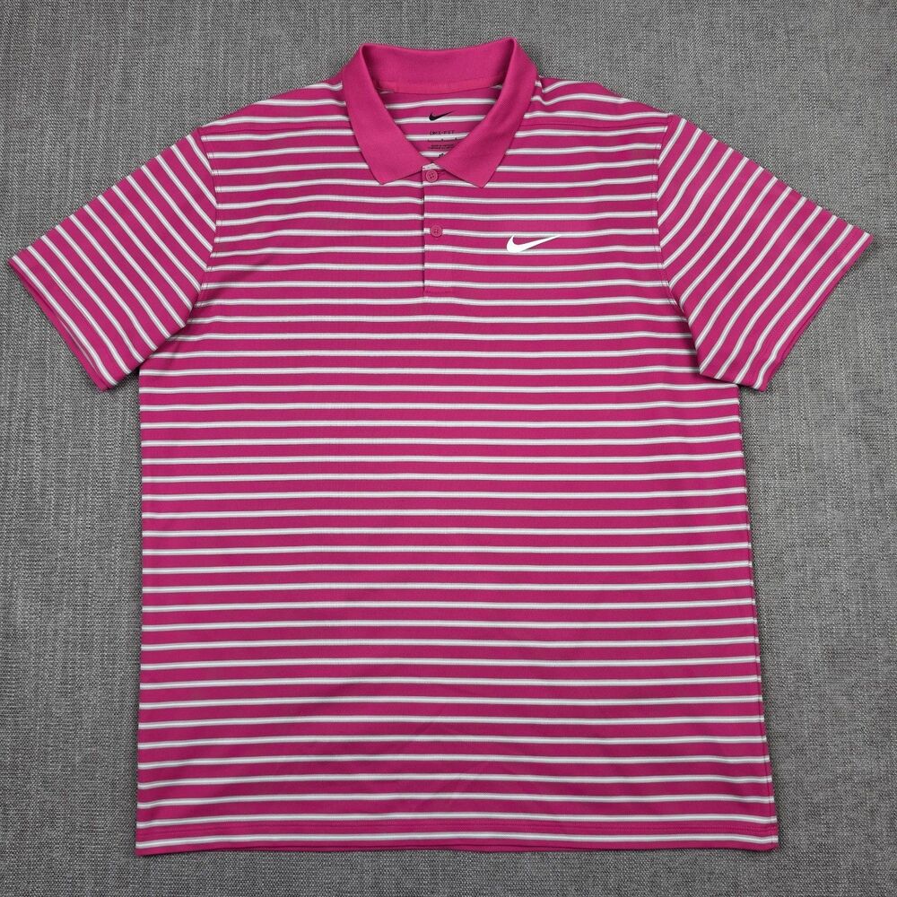 Nike Dri-Fit Mens Golf Polo Shirt Large L Pink Striped Athletic Short Sleeve